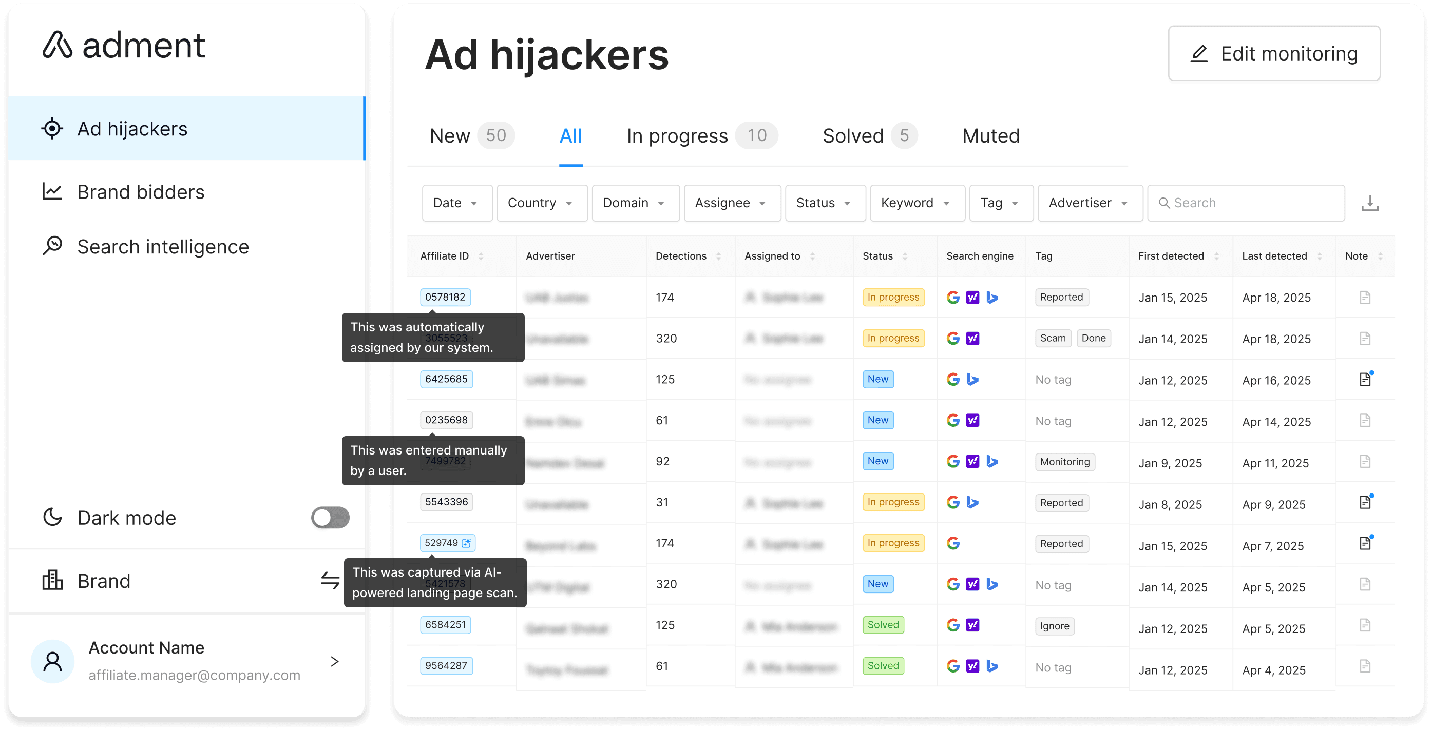 Adment dashboard showing brand bidding detection results
