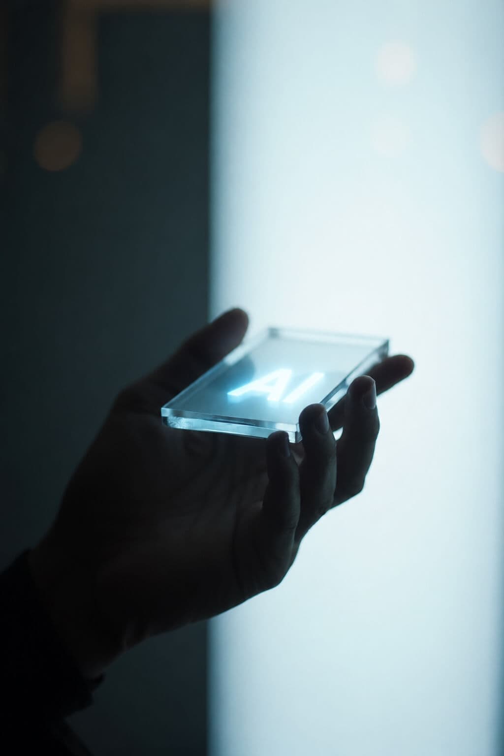 A hand holding a translucent glass tablet with a glowing AI label